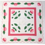 Circa 1930s American Appliqué Quilt, decorated with four pink flowers with stems to the centre,