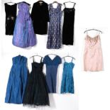 Circa 1950/60s Evening Wear, including a purple and pink brocade full length strapless dress with