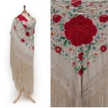 Large Early 20th Century Chinese Cream Silk Throw, embroidered overall with large red