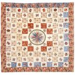 Circa 1810-1830 Mariners Compass Patchwork Quilt, comprising central compass surrounded by either