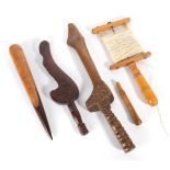 Group of Yorkshire Knitting Sticks and Sewing Accessories, comprising a 19th century goosewing stick