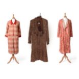 Three 1920s Day Dresses, comprising a Suvesco Foreign red and cream spotted wrap dress; a brown silk