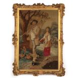 Early 19th Century Large Wool Embroidered Picture on Painted Silk, depicting a farmer wearing