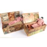 Pair of Late 19th Century China Head Dolls, fully clothed in pink cotton long sleeved dresses and