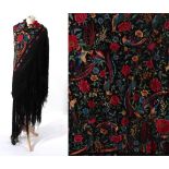 Early 20th Century Chinese Black Silk Shawl, embroidered overall in coloured silks with exotic