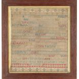 18th Century Sampler by Mary Jones Born February 15 1729, worked in a band format in coloured silk