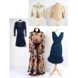 Assorted 1920s-1950s Ladies Costume, comprising deep blue sleeveless evening dress, with pleated