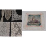 Assorted Lace and Items, comprising a large cream silk hand painted panel 'Souvenir of Y'pres -