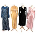 Four Circa 1930s Evening Dresses, comprising a blue and silver brocade dress, woven with daisy