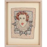 Modern Embroidery Titled 'A Bit of Ruff' by Morag Gilbart, worked on cream wool incorporating a