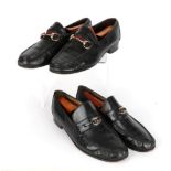Two Pairs of Gucci Gentlemen's Black Leather Loafers, one pair with two-tone metal interlocking GG