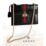 Gucci Black Leather Shoulder Bag, with signature green and red canvas stripe to front, twist gilt