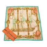Hermès ''Tribord'' Silk Scarf, Designed by Julia Abadie, printed with a large ship, framed by ropes,
