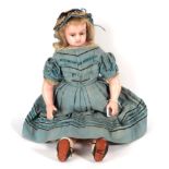 Mid 19th Century Montanari Wax Doll, with blue glass eyes, blond wig, with fabric stuffed body,