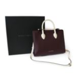 Strathberry Midi Tote Handbag, in burgundy, navy and vanilla, with adjustable and detachable long