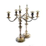 A Pair of Silver-Plated Three-Light Candelabra, 19th Century, on circular base with fruiting