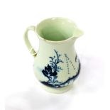 A Chaffers Liverpool Porcelain Sparrowbeak Jug, circa 1760, painted in underglaze blue with a pagoda