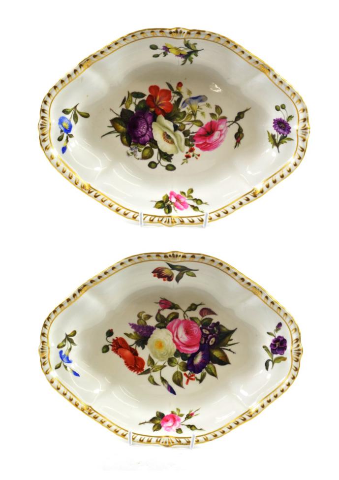 A Pair of Derby Porcelain Dessert Dishes, circa 1820, of oval form, painted with flower sprays and