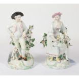 A Pair of Derby Porcelain Figures of a Shepherd and Shepherdess, circa 1765, standing, he with a dog