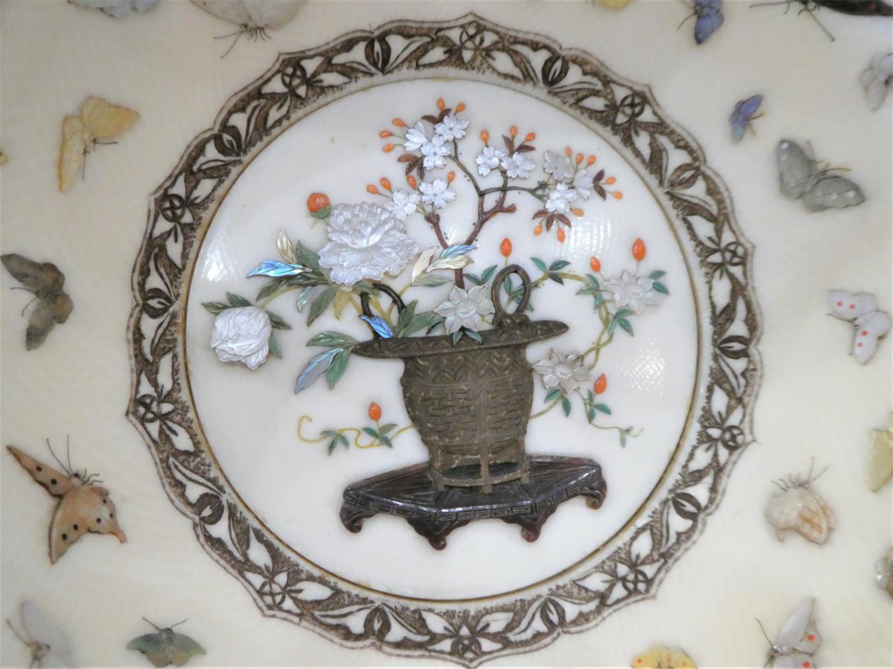 A Japanese Ivory and Shibayama Bowl, Meiji period, of circular form, inlaid with a vase of flowers - Image 2 of 8