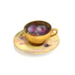 A Royal Worcester Porcelain Miniature Teacup and Saucer, painted by Thomas Lockyer and F Harper,