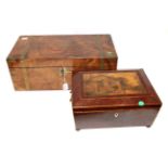 A Burr Yew Box and Cover, early 19th century, the hinged cover set with a panel depicting a young