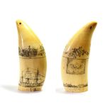 An Early 19th Century Scrimshaw Decorated Sperm Whale Tooth, dated 1836 and initialled IR, the tooth