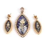 A Pearl Pendant and Earring Set, circa 1850, each with a lozenge shaped form, with blue enamel