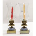 A Pair of Gilt Metal Mounted Blue Jasperware Candlesticks, late 19th/20th century, with glass