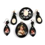 A Small Quantity of Jet Jewellery, including; a jet pendant, with a portrait inlaid, measures 3.