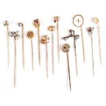 Thirteen Stick Pins; including a sapphire and seed pearl example in a case; an opal example also