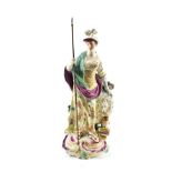 A Derby Porcelain Figure of Minerva, circa 1765, the standing goddess holding a shield, an owl on
