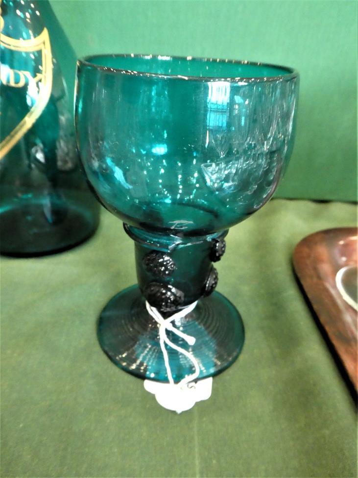 A Green Glass Spirit Decanter and Stopper, circa 1800, of mallet form gilt with a shield shaped - Image 4 of 5