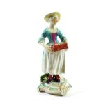 A Derby Porcelain Figure of a Street Vendor, circa 1765, the standing girl holding a box of items,