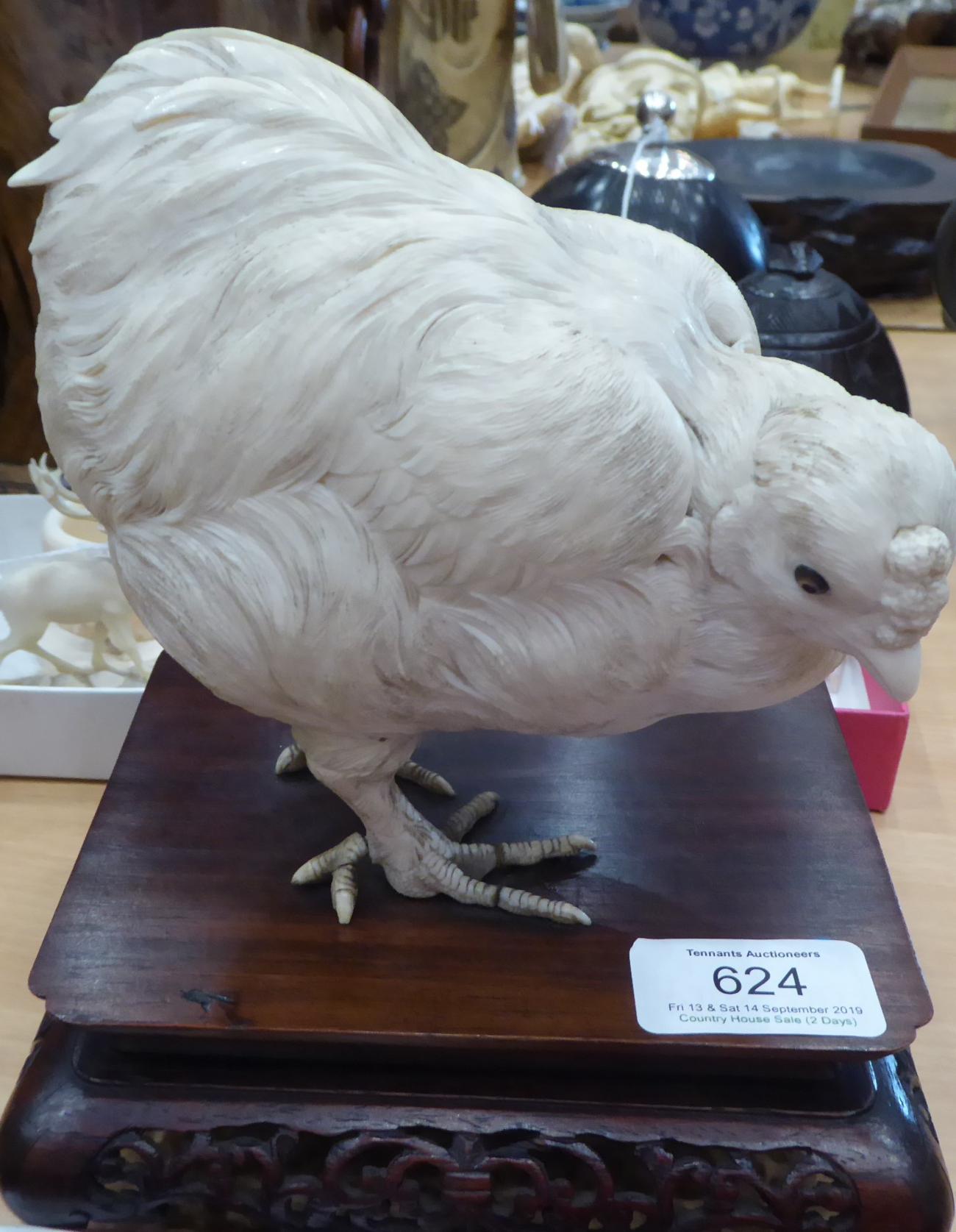 A Japanese Ivory Model of a Chicken, Meiji period, naturalistically modelled standing on a - Image 6 of 9