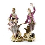 A Pair of Meissen Figures, 19th century, modelled as shepherd and shepherdess with tambourine and