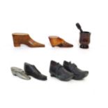 A Pair of Miniature Leather Clogs, 9cm long; A Treen Miniature Pestle and Mortar, mortar 7.5cm high;