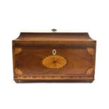 An Early 19th Century Mahogany Tea Caddy, of sarcophagus form, the hinged cover and fascia with oval
