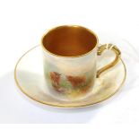 A Royal Worcester Porcelain Coffee Can and Saucer, painted by Harry Stinton, 1959, painted with