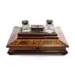 A Tunbridgeware Inkstand, mid 19th century, of rectangular form, with stamp box flanked by two