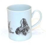 A Worcester Porcelain Cylindrical Mug, circa 1759-60, printed in black with a bust portrait of a