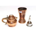 A 19th Century Planished Copper Gambling Tankard, of tapering cylindrical form, pierced and set with