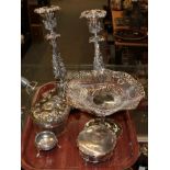 Silver candlesticks, bon bon dish, two boxes, one salt