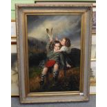 Scottish School (20th century), Two children in highland dress fighting over a feather, oil on