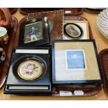 ^ Tray including three rosewood framed portraits, a walnut and parquetry decorated frame, portrait
