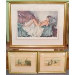 After William Russell Flint, reclining nude; together with two English school prints of figures on a