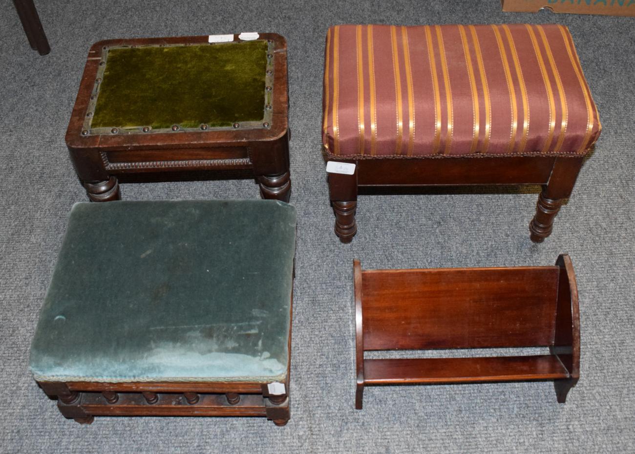 ^ A Victorian figured walnut sewing box with fitted interior; an Edwardian mahogany book trough; and