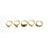 Five 18 carat gold vacant ring mounts, of varying designs and sizes (5). Gross weight 16.63 grams.