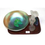 ^ A Daum, multi-colour glass Chameleon bowl and a Daum green glass pair of ducks, both boxed;
