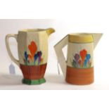 ^ Two Clarice Cliff crocus pattern water jugs, 20cm and 18.5cm high